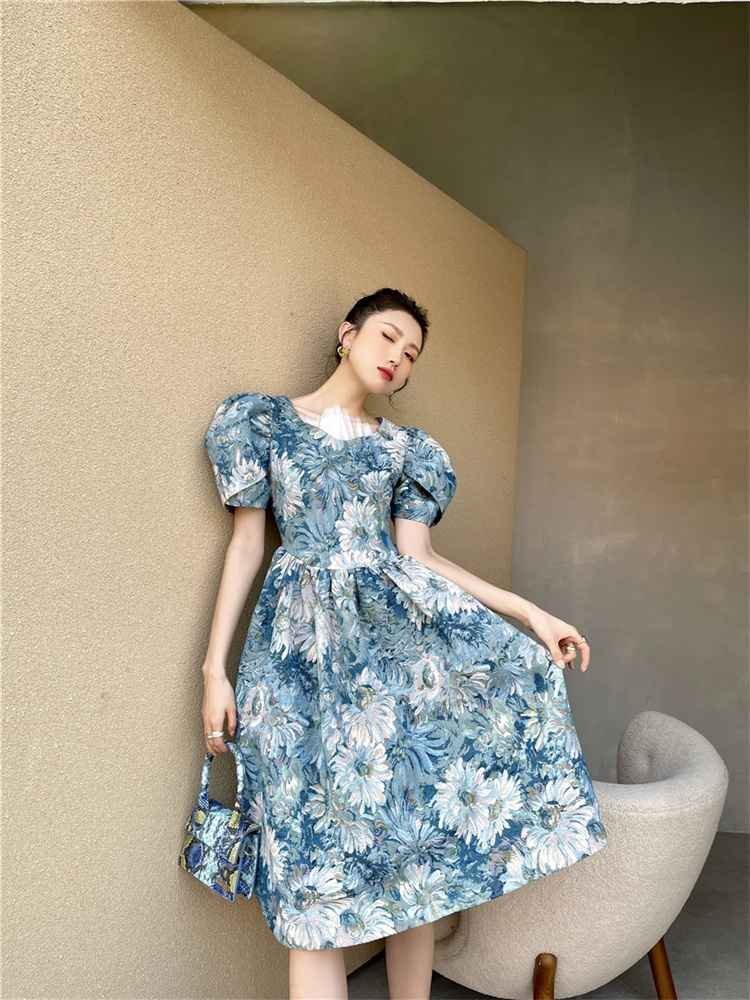 パレススタイル レトロ ワンピース ガーデン ペイント 花柄 L ブルー拍卖