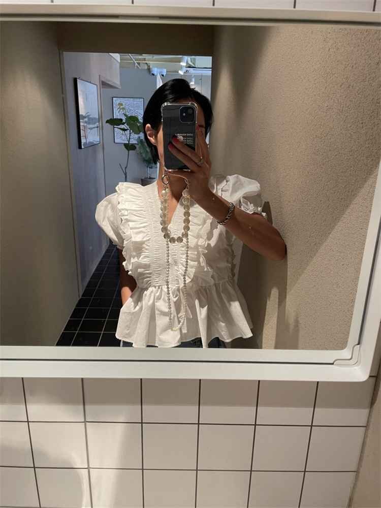 シャツ エレガント スリム Vネック パフスリーブ 半袖 かわいい系 M グリーン拍卖