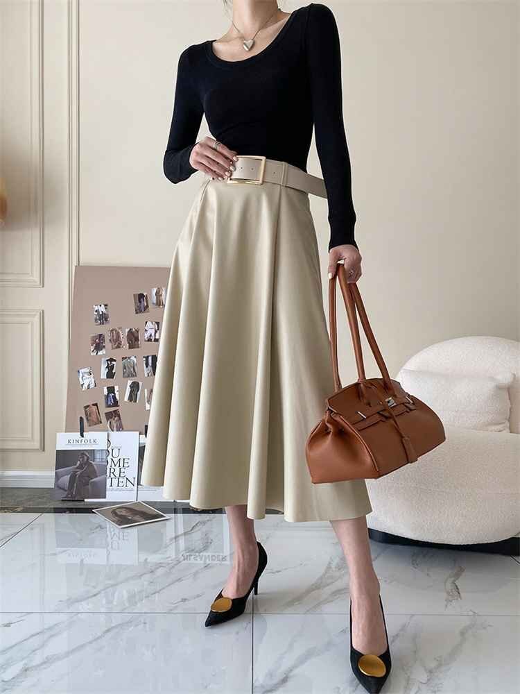 ロングスカート 傘スカート Aライン レザースカート S ベージュ拍卖