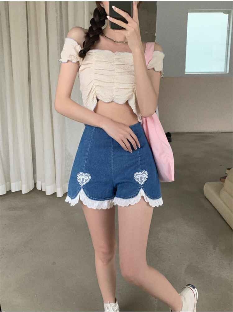 ハイウエスト スリム Aライン レースエッジ デニム ショートパンツ M ブルー拍卖