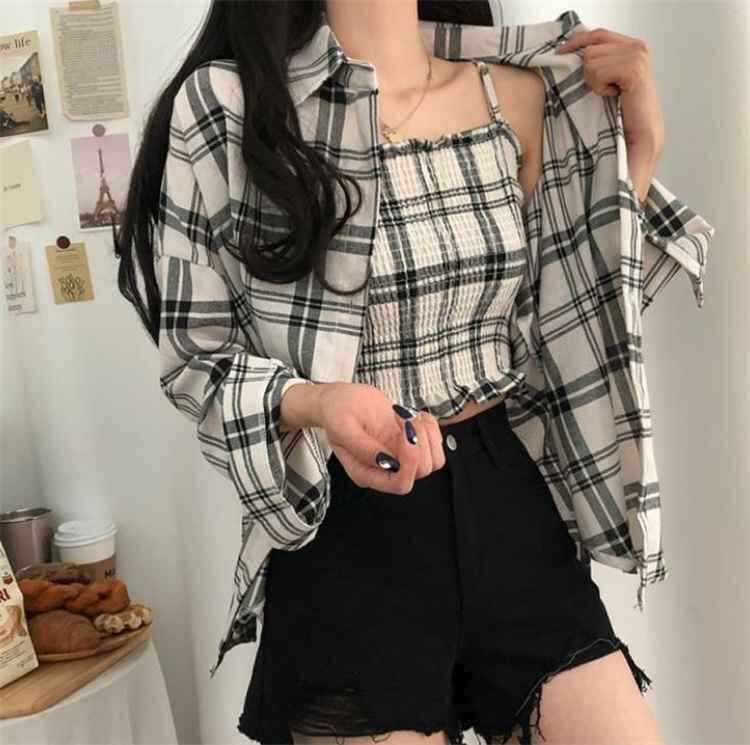 大人気 チェック柄 伸縮性 シャツ+タンクトップセット ベアトップ フリー ベージュ拍卖