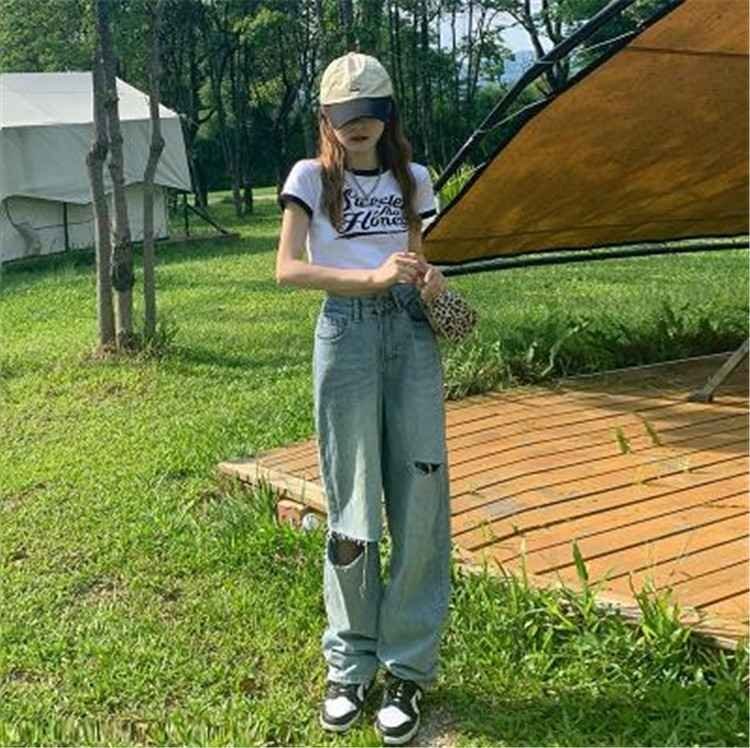 ダメージジーンズ ゆったり ハイウエスト スリム トレンドストレートパンツ L ライトブルー拍卖