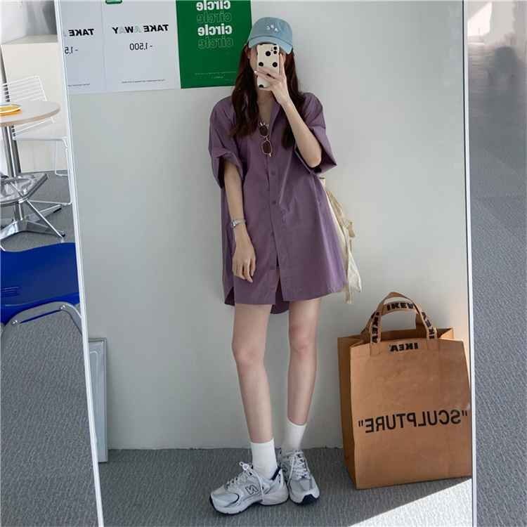 大きいサイズ ミニワンピ シャツワンピ 薄手 ゆったり S ブルー拍卖