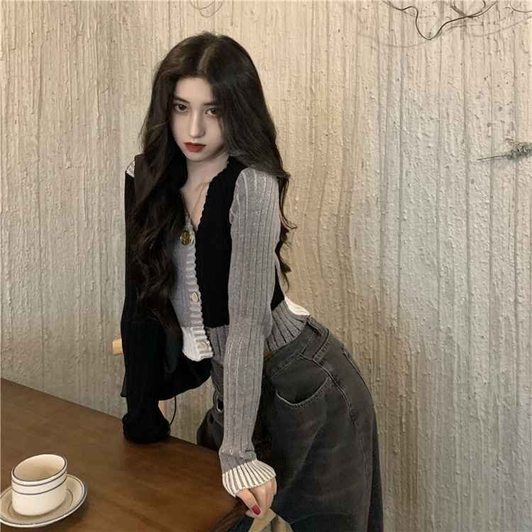 ニットトップス 縫い付け 長袖 カーディガン セーター ショート丈 S ワンカラー拍卖