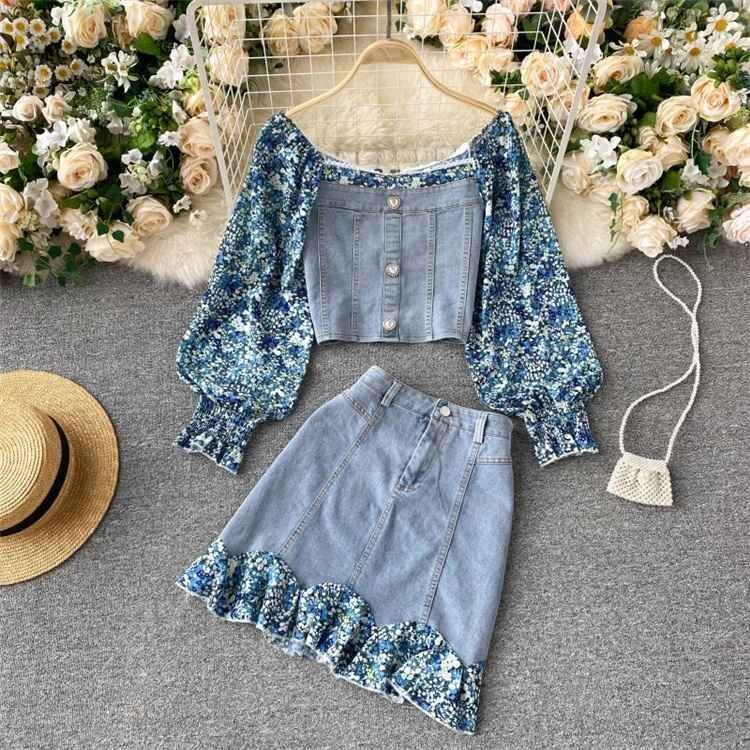 デニム 上下セット パフスリーブ 長袖 花柄 レディース M ブルー拍卖