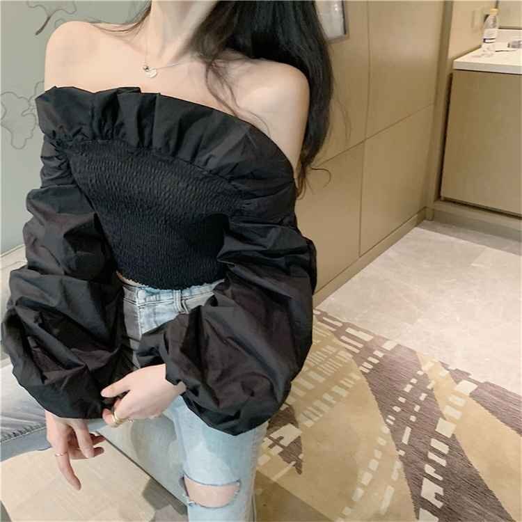 フリル セクシー パフスリーブ 伸縮性 長袖 シャツ フリー ホワイト拍卖