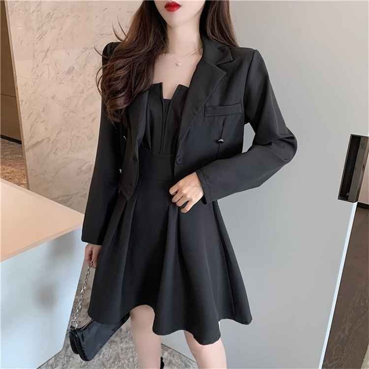 スーツジャケット+キャミワンピ 上下セット 長袖ジャケット ミニ丈ワンピ レディース XL ブラック拍卖