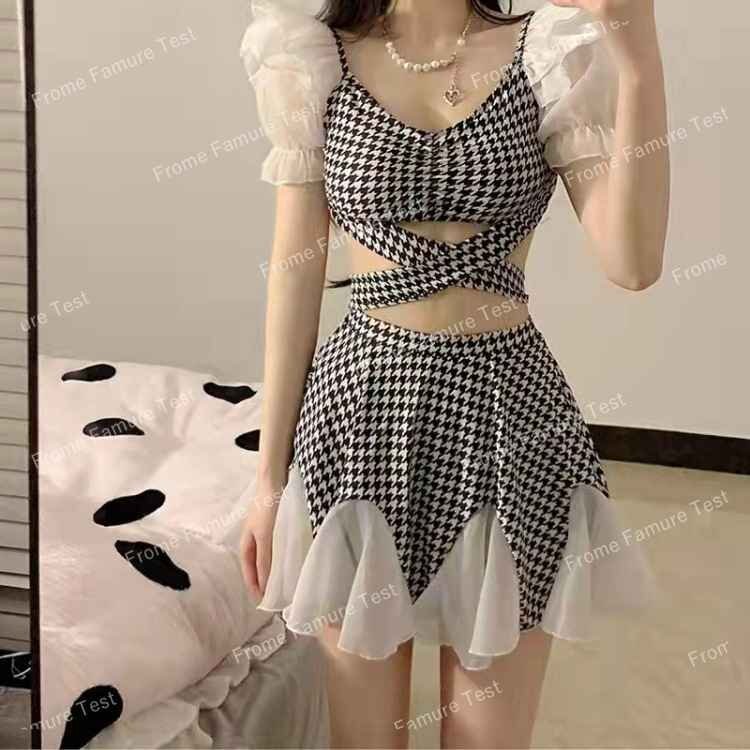 水着 ワンピース水着 フリルスカート ギンガムチェック 上下セット ワンピース 海水着 レディース XL チェック柄拍卖