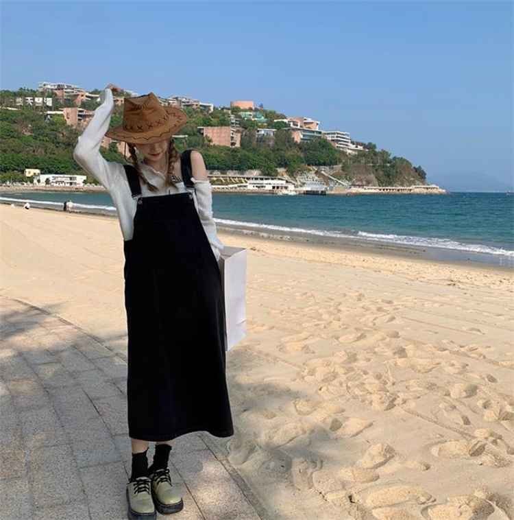 サスペンダースカート スプリット ストリート デニム ジャンパースカート ロングスカート L ブラック拍卖