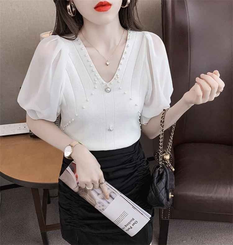 ピュアカラー シンプル レトロ ニット シフォン パフスリーブ Vネック かわいい系 S ブラック拍卖