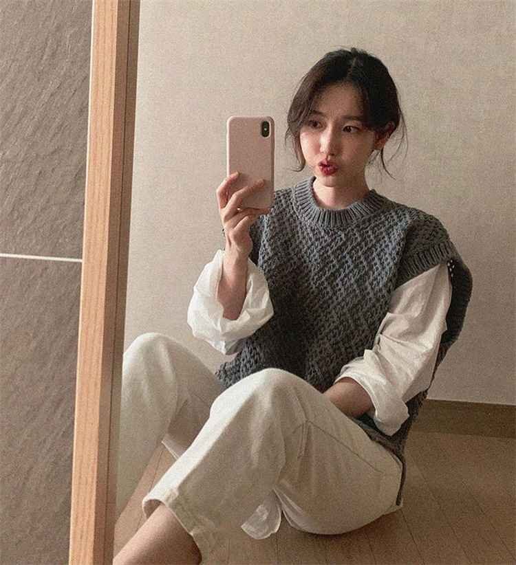 ラウンドネック ニットベスト タンクトップ セーター ショート丈 M グレー拍卖