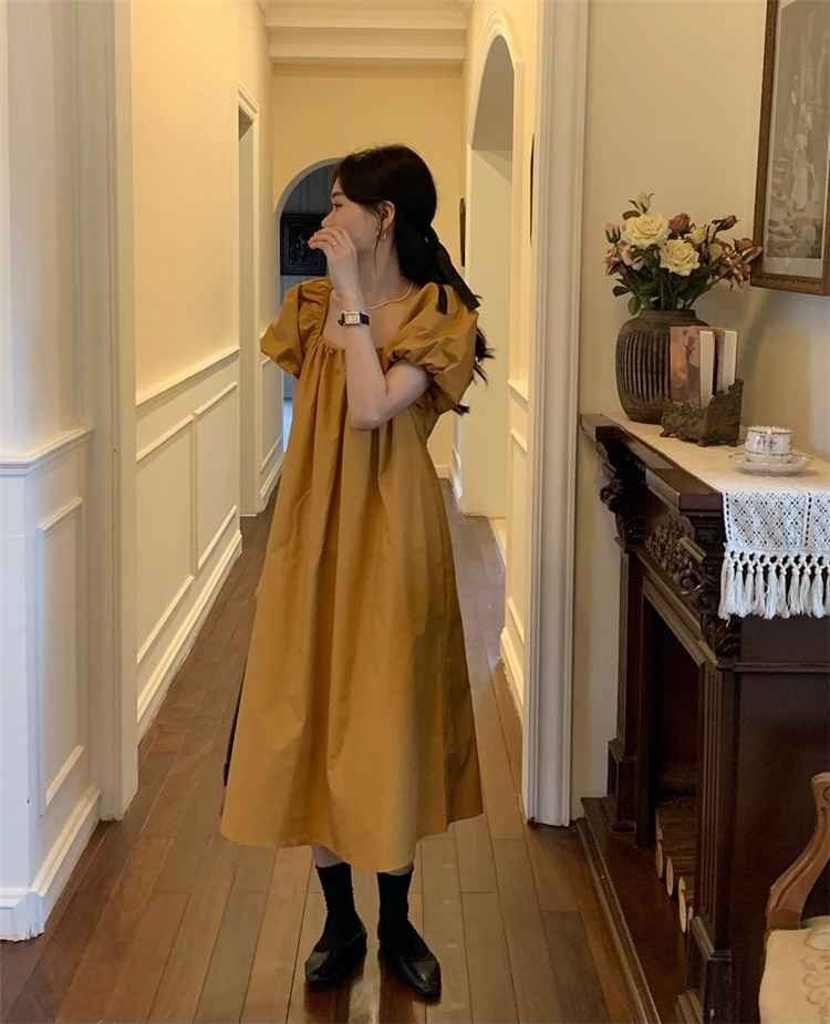 sweet系 スクエアネック プリーツ ゆったり パフスリーブ ワンピース フリー カーキ拍卖