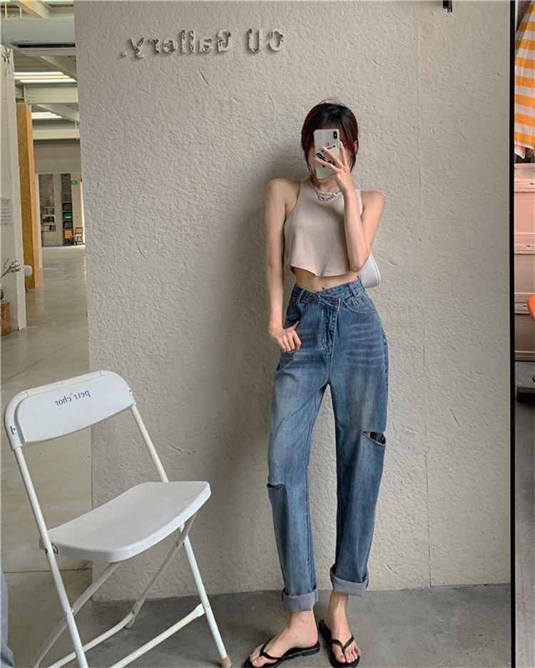 ダメージジーンズ ゆったり カジュアル 薄手生地 M ブルー拍卖