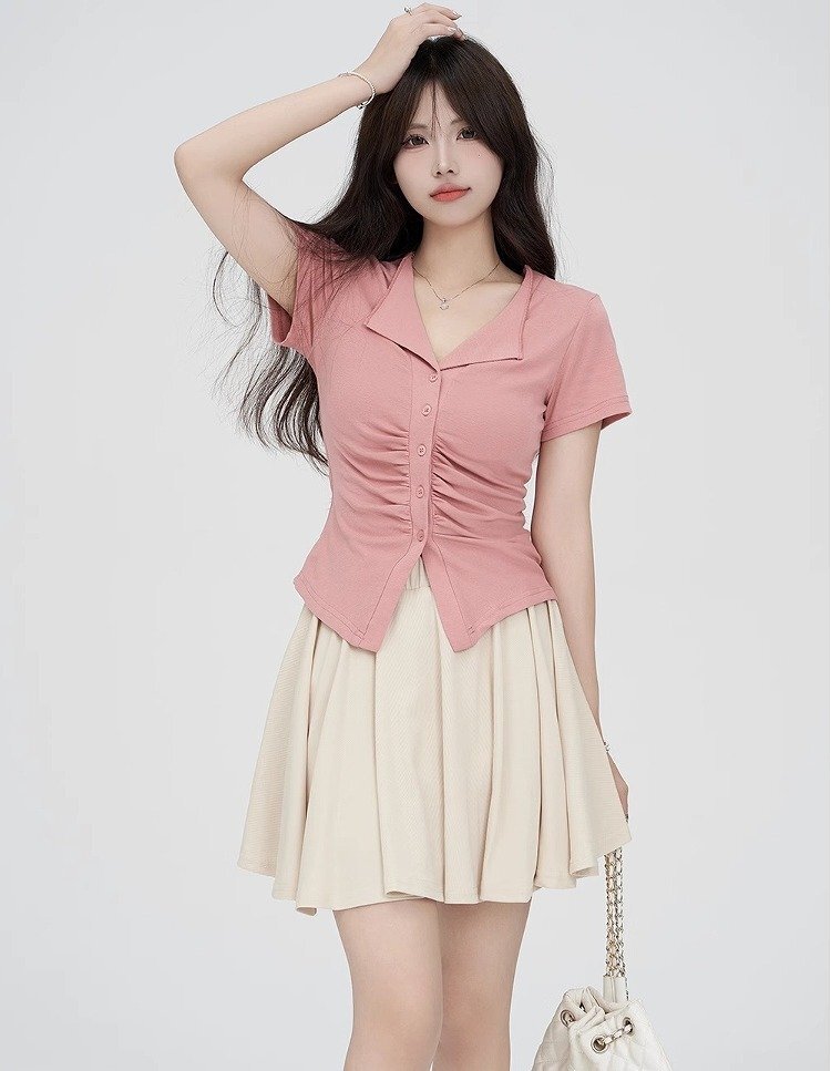 トップス シャツ 半袖 ギャザー 襟付き シンプル カジュアル お出かけ レディース L ピンク拍卖