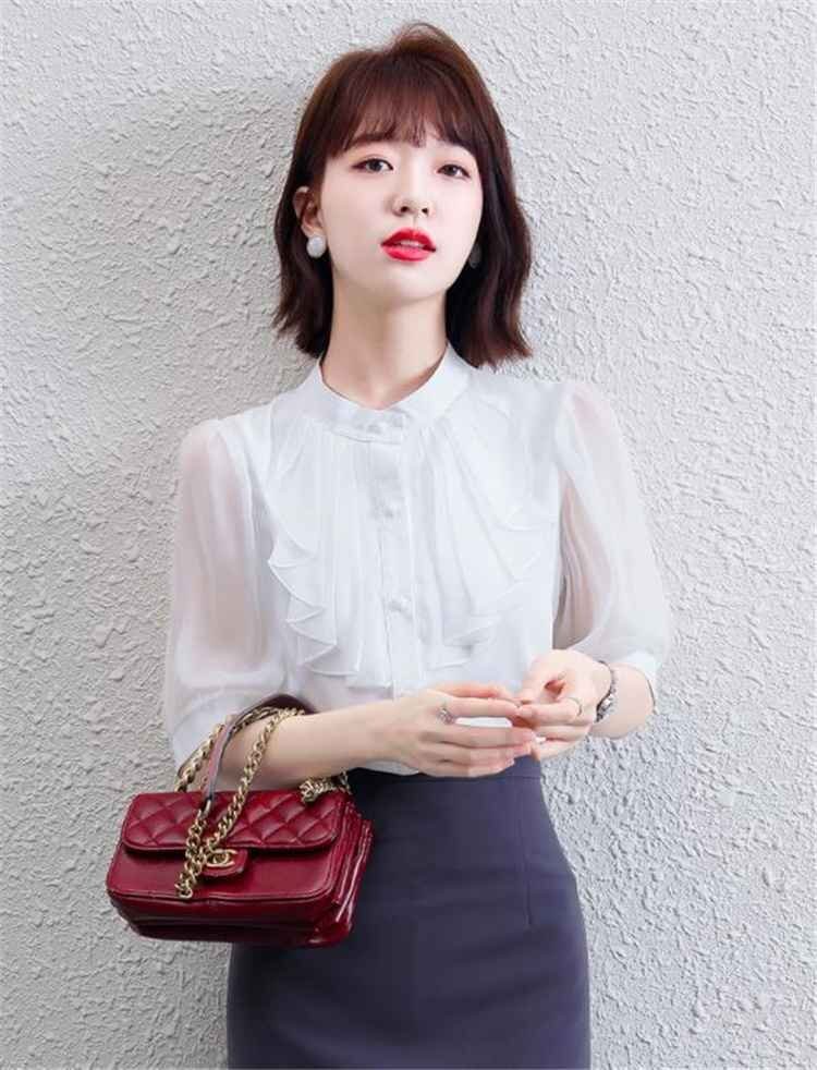 かわいい系 半袖 ランタンスリーブ シフォンブラウス トップス XL ホワイト拍卖