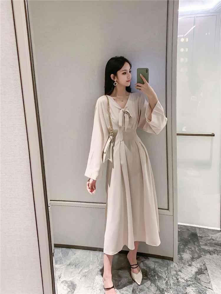 新品 フェアリー かわいい系 ハイウエスト 長袖 Vネック ワンピース M ベージュ拍卖