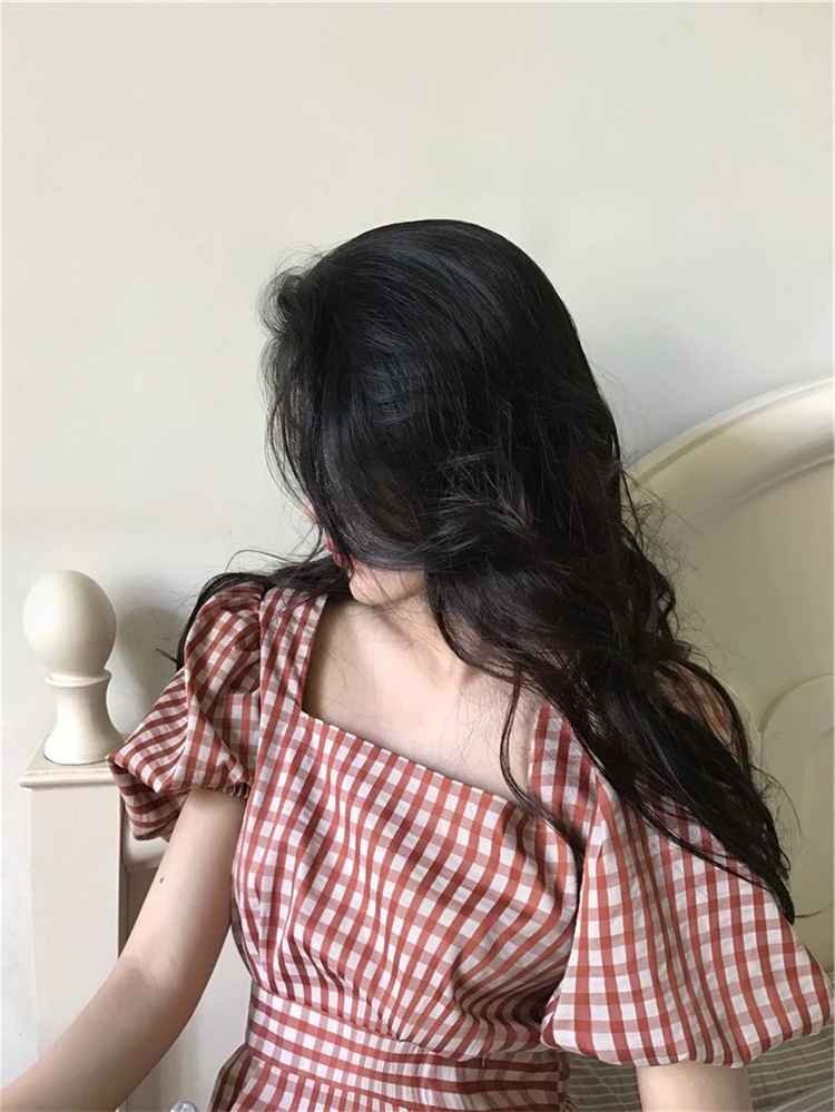 ロングワンピ 半袖ワンピ カジュアル パフスリーブ 清楚 ギンガムチェック S オレンジレッド拍卖