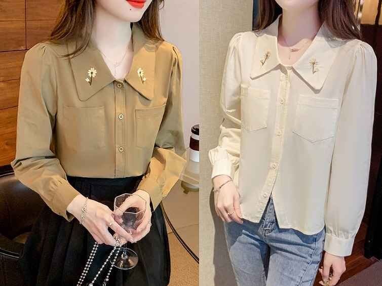 全2色 長袖シャツ 切り替え 体型カバー 着痩せ sweet系 XL ベージュ拍卖