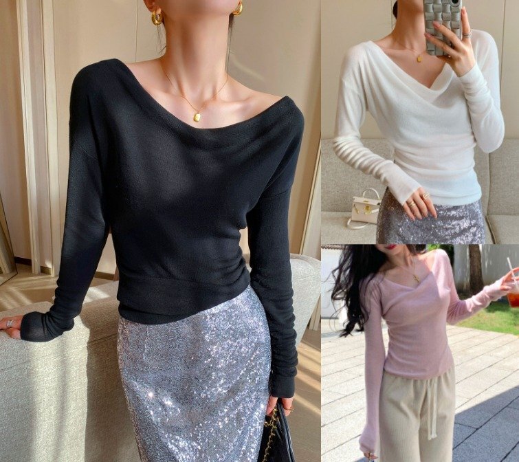 長袖トップス 切り替え スリム 着痩せ カットソー シンプル フリー ベージュ拍卖