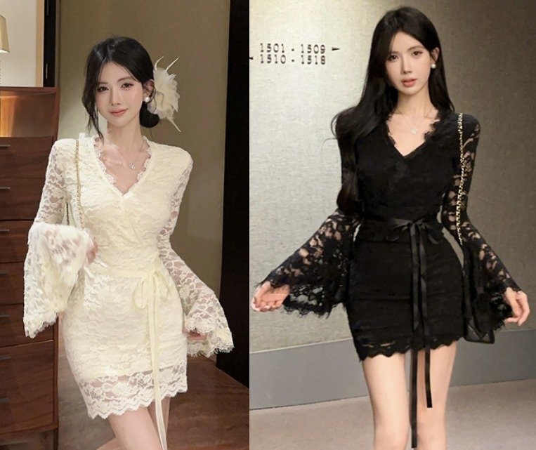 タイトワンピース 切り替え スリム 着痩せ レース S ベージュ拍卖