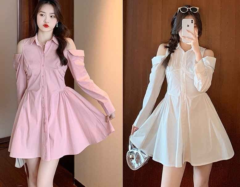 長袖ワンピース オフショルダー フリル ミニワンピ カジュアル シンプル 無地 秋冬 S ホワイト拍卖