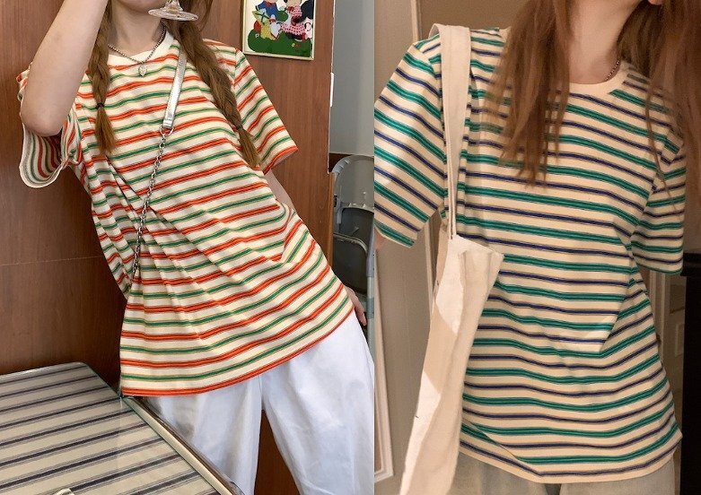 全2色 半袖Tシャツ ボーダー柄 シンプル カジュアル フリー ブルー拍卖