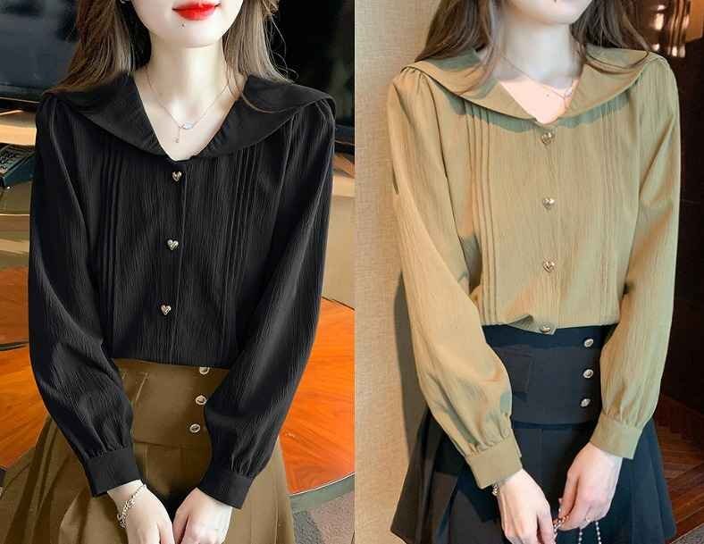 全2色 長袖シャツ 切り替え 体型カバー 着痩せ 無地 sweet系 L カーキ(色品番1)拍卖