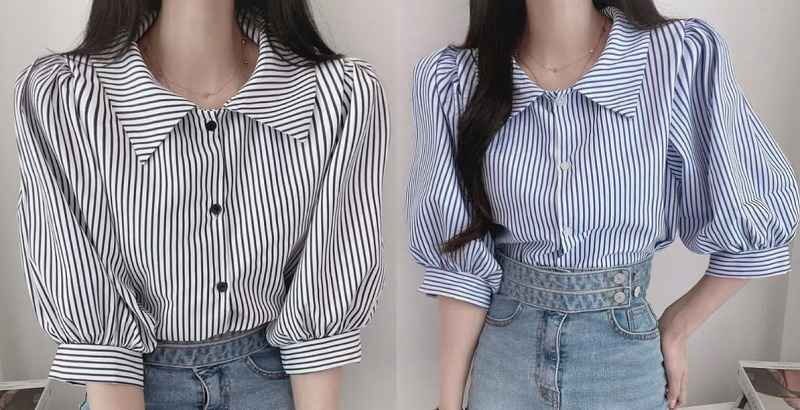 全2色 シャツ ブラウス ボリューム袖 切り替え バイカラー 体型カバー 着痩せ ストライプ柄 シンプル S ブラック拍卖