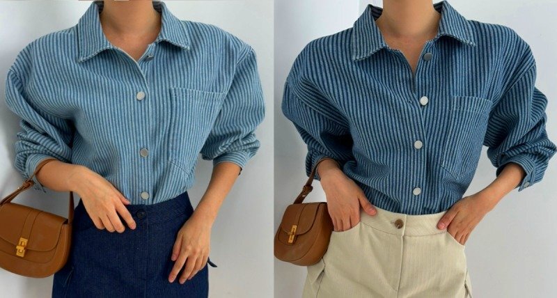 シャツ ブラウス 切り替え バイカラー 体型カバー 着痩せ ストライプ柄 フリー ブルー拍卖