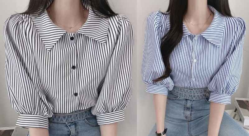 全2色 シャツ ブラウス ボリューム袖 切り替え バイカラー 体型カバー 着痩せ ストライプ柄 シンプル S ブラック拍卖