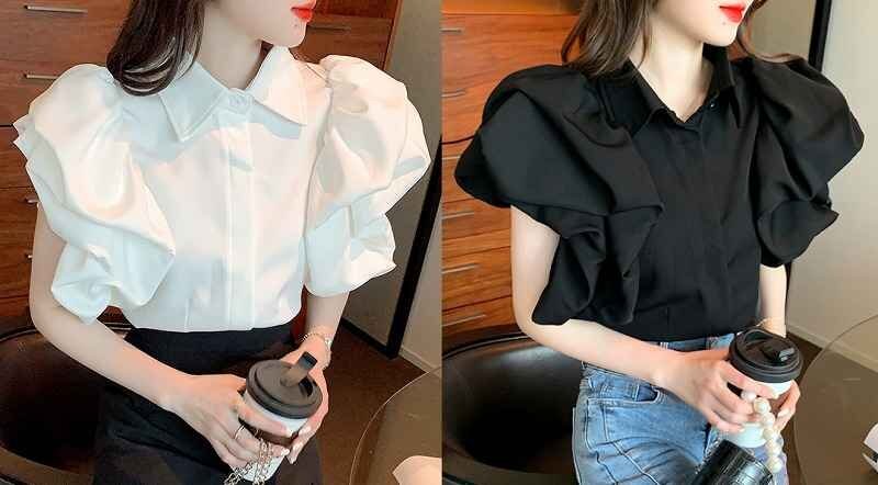 全2色 シャツ ブラウス ボリューム袖 切り替え 体型カバー 着痩せ 無地 【大きいサイズあり】 L ブラック拍卖