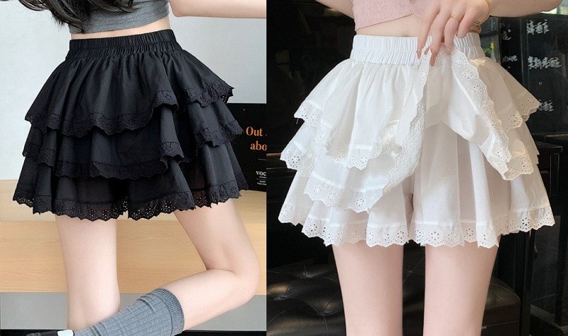 ショートパンツ ミニパンツ スカート風 シンプル カジュアル フリル レース レディース L ブラック拍卖