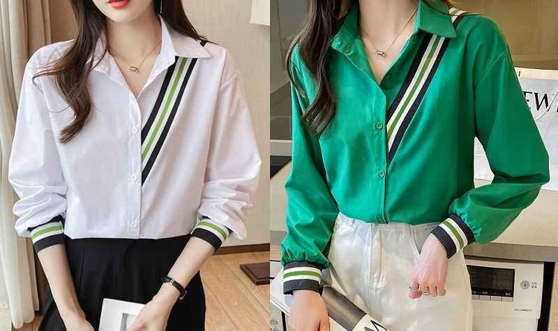 全2色 長袖シャツ 切り替え バイカラー 体型カバー 着痩せ sweet系 M グリーン拍卖