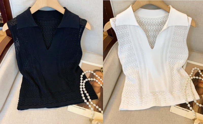 タンクトップ ベスト 透け編み Vネック 切り替え スリム 着痩せ カットソー シンプル フリー ブラック拍卖