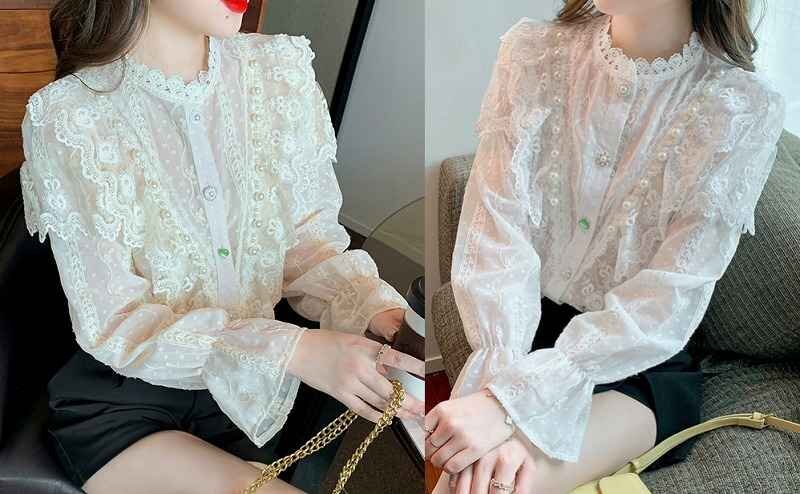 全2色 長袖シャツ フリル 切り替え 体型カバー 着痩せ レース ビジュー付き sweet系 L ベージュ拍卖