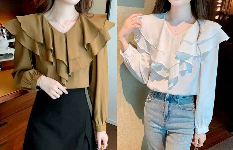 長袖シャツ フリル 長袖ブラウス かわいいトップス 秋冬 レディース L ブラウン拍卖