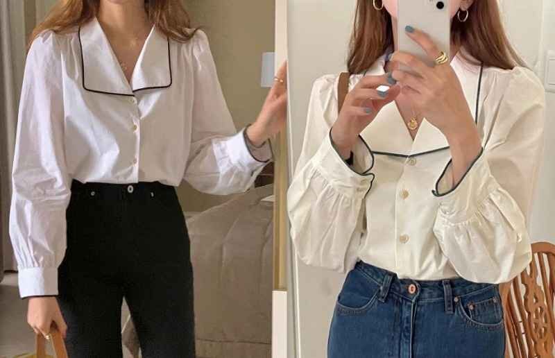 全2色 長袖シャツ 切り替え バイカラー 体型カバー 着痩せ sweet系 フリー ホワイト拍卖