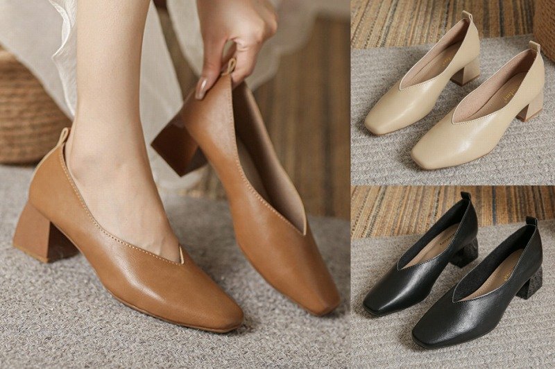 スリッポン ローファー モカシン 太いヒール 切り替え 無地 シンプル 【41】25~25.5cm ブラウン拍卖