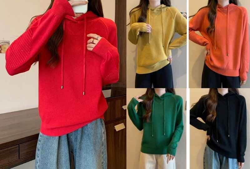 ニットトップス 厚手 長袖 カットソー フード付き カジュアル シンプル【大きいサイズあり】 XL イエロー拍卖