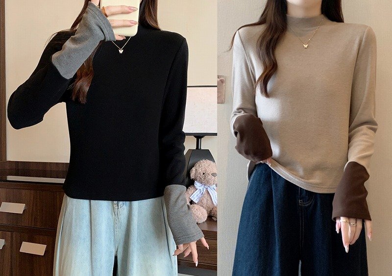 トップス 長袖Tシャツ シンプル バイカラー カジュアル カットソー レディース 2XL ブラック拍卖
