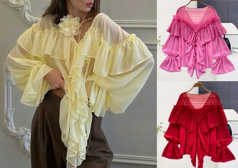 トップス フリル 日焼け止め 切り替え 体型カバー 着痩せ フリー イエロー拍卖