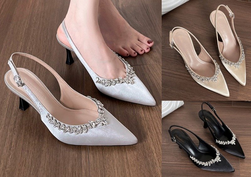 ハイヒールシューズ オフィス とんがりトゥ 切り替え 無地 ラインストーン付 sweet系 【40】24.5~25cm シルバー拍卖