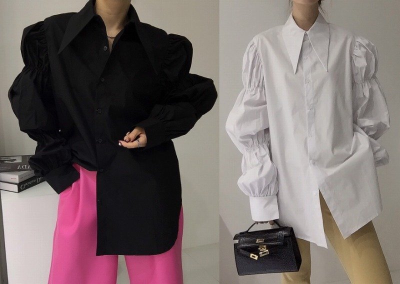 トップス シャツ ブラウス 長袖 ボリューム袖 シンプル カジュアル パフスリーブ レディース フリー ブラック拍卖