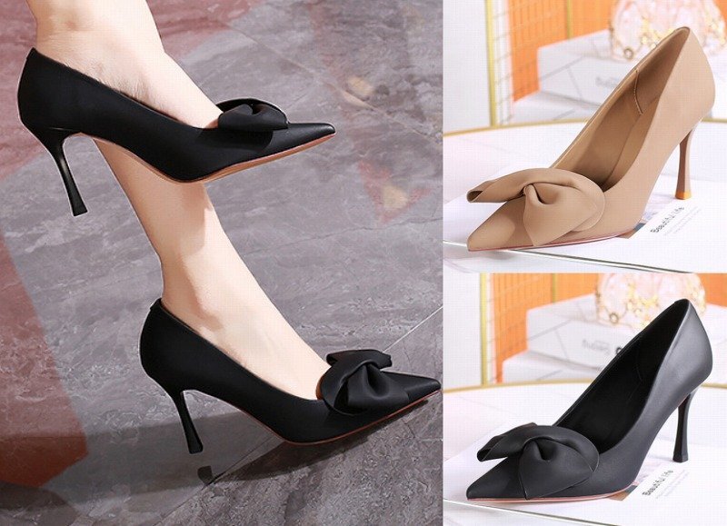 ハイヒールシューズ オフィス とんがりトゥ ピンヒール リボン付き sweet系 【36】22.5~23cm ブラック拍卖