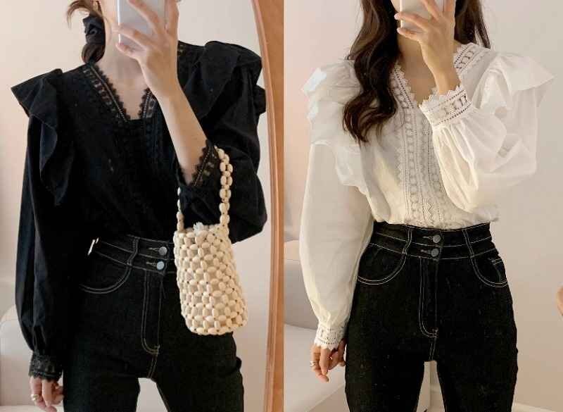 長袖シャツ カットソー フリル レース シンプル かわいい 秋冬 S ブラック拍卖