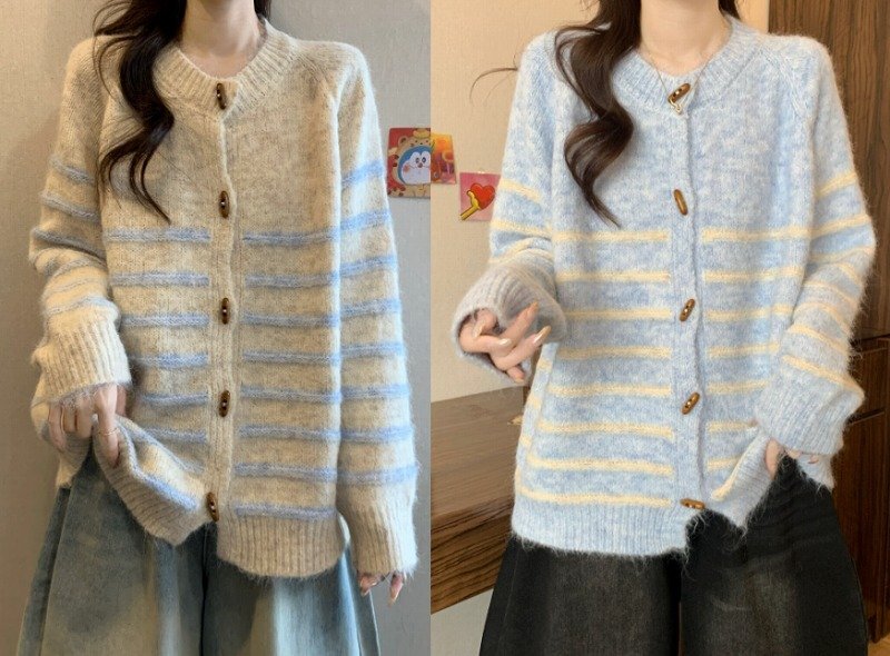 ニット 長袖 バイカラー 体型カバー 着痩せ カットソー ボーダー柄 フリー ブルー拍卖