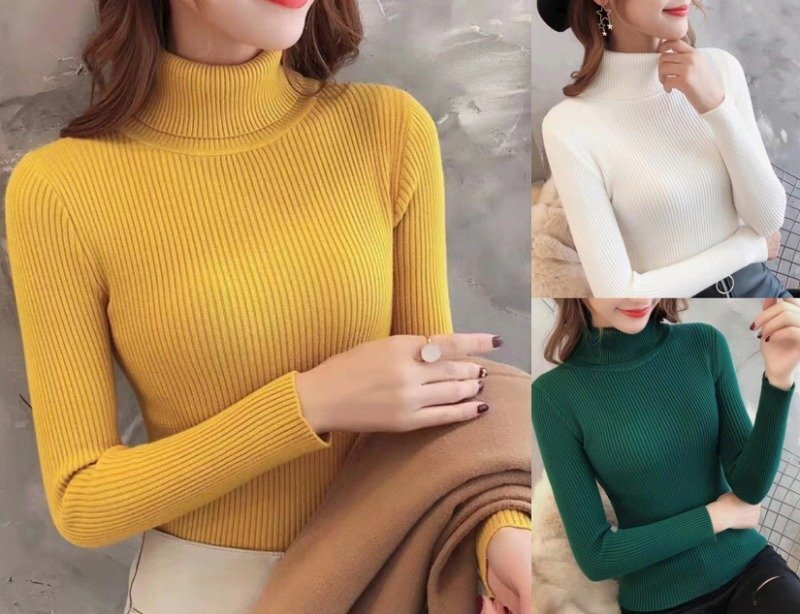 長袖トップス ハイネック スリム 着痩せ カットソー 無地 シンプル フリー 色品番8拍卖