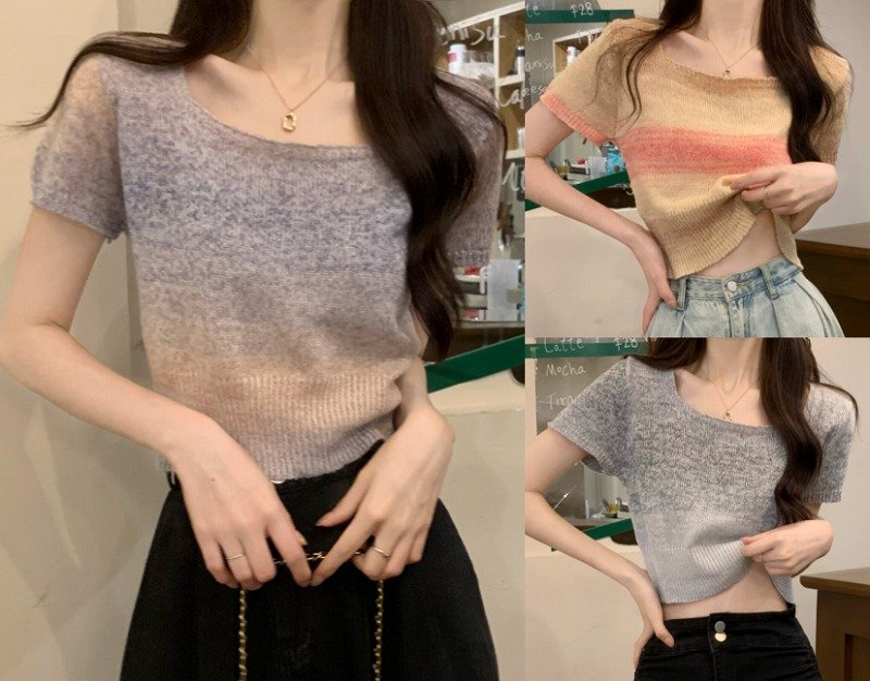 半袖トップス ショット丈 切り替え バイカラー 体型カバー 着痩せ カジュアル フリー ピンク拍卖