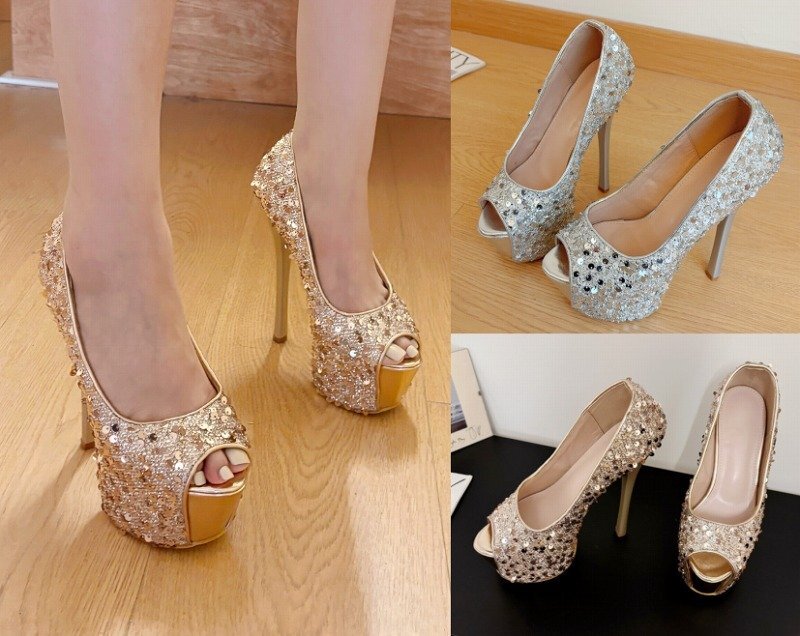 ハイヒールシューズ オフィス 切り替え ピンヒール スパンコール シンプル 【36】22.5~23cm ゴールド拍卖