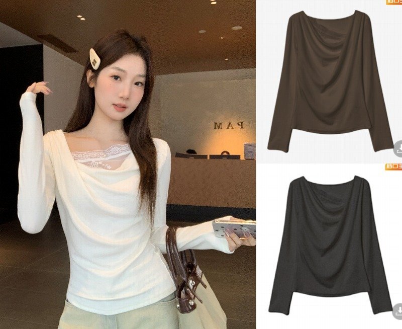 長袖トップス 切り替え スリム 着痩せ シンプル S オフホワイト拍卖